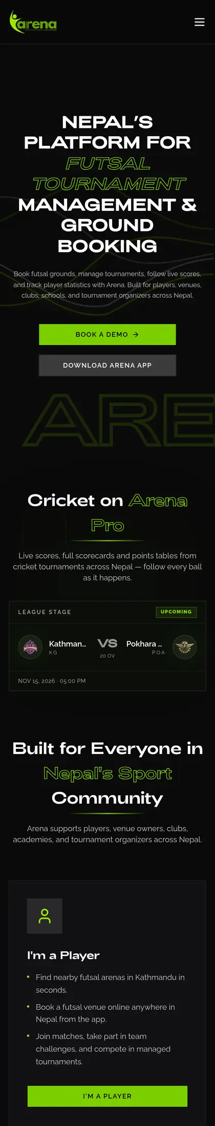 Arena Pro mobile site on a phone