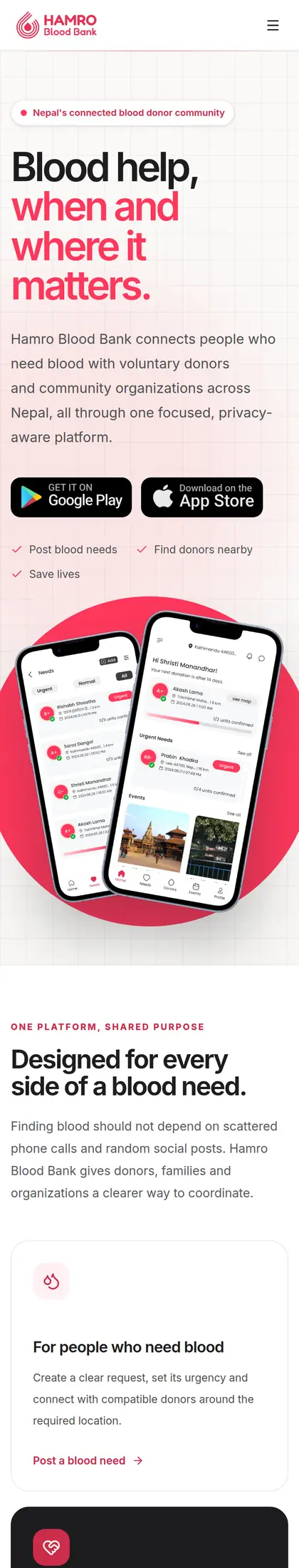 Hamro Blood Bank mobile site on a phone