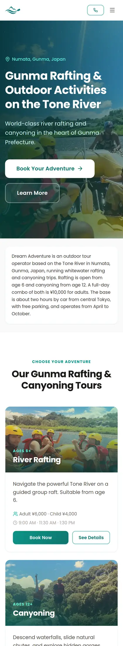 The Dream Adventure mobile site on a phone